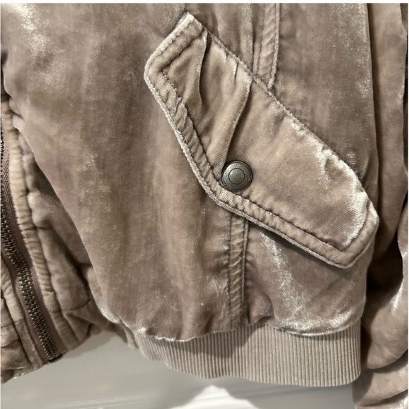 Free People Ruched Velvet Neutral Bomber Jacket. - Picture 9 of 14